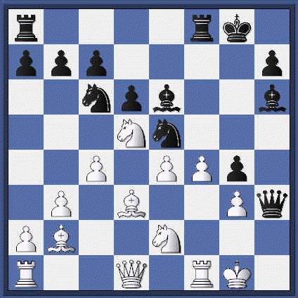   Black plays the move, ...Be6!  He has in mind a truly unique idea. (pol-nez_rp1g0_pos4.gif, 86 KB)   